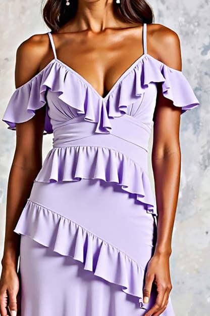 Lilac Ruffled Cold Shoulder Long A Line Chiffon Formal Dress with Slit