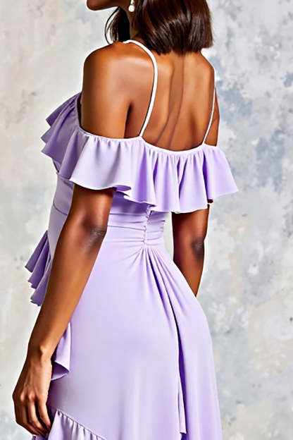 Lilac Ruffled Cold Shoulder Long A Line Chiffon Formal Dress with Slit