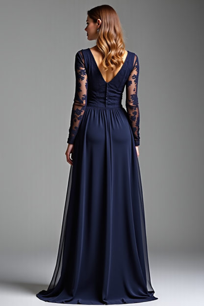 Navy Chiffon Long Sleeves V-Neck A Line Long Formal Dress