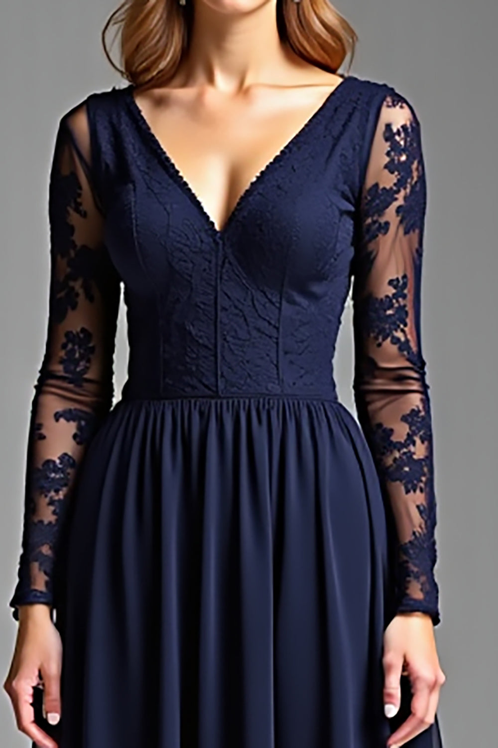 Navy Chiffon Long Sleeves V-Neck A Line Long Formal Dress