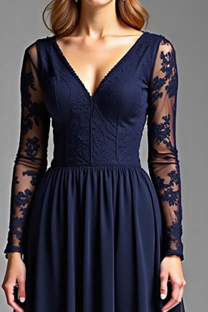 Navy Chiffon Long Sleeves V-Neck A Line Long Formal Dress
