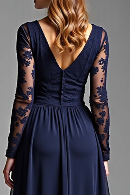 Navy Chiffon Long Sleeves V-Neck A Line Long Formal Dress