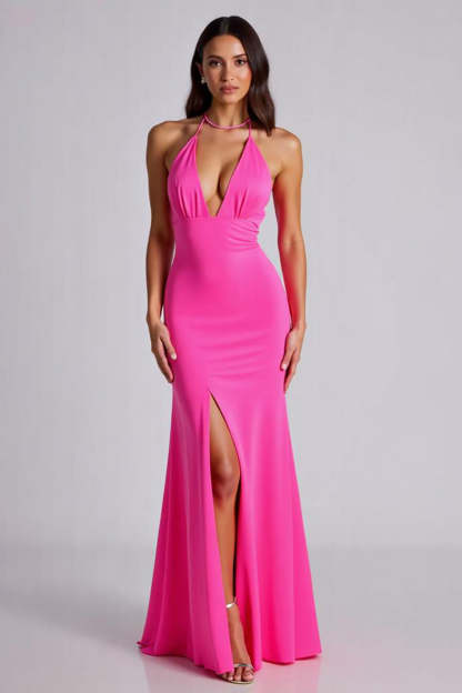 Leely Women Fuchsia Mermaid V-Neck Long Formal Dress with Slit Backless Satin Evening Dress