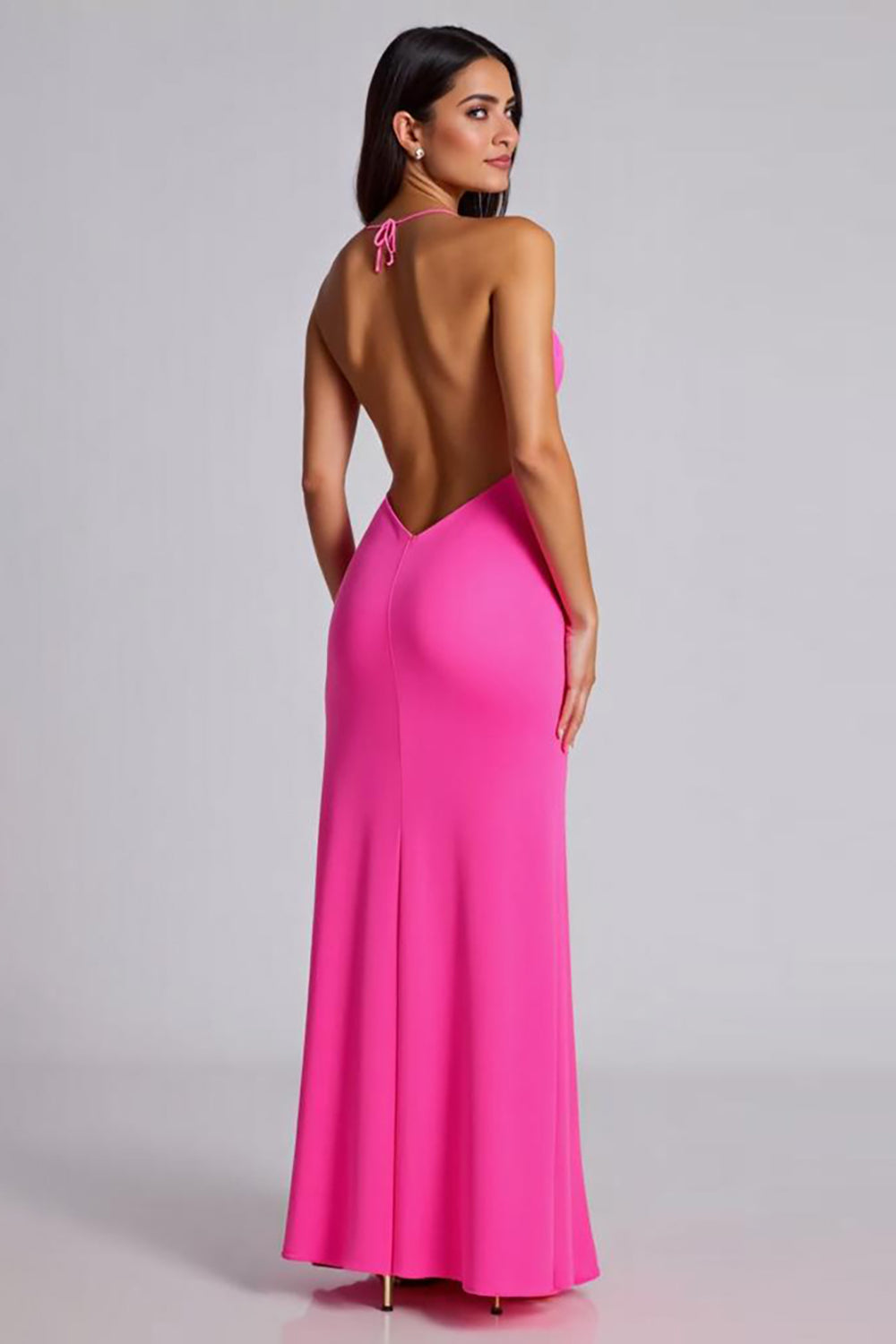Fuchsia Mermaid V-Neck Satin Backless Long Formal Dress with Slit