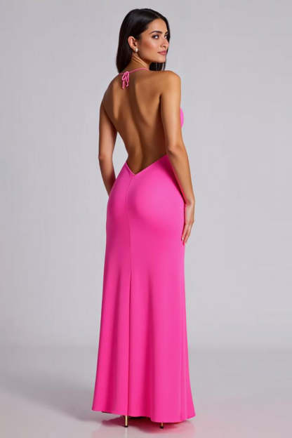 Fuchsia Mermaid V-Neck Satin Backless Long Formal Dress with Slit