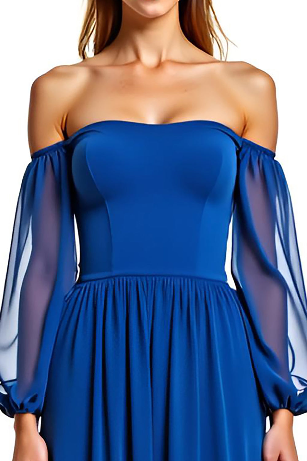 Royal Blue A Line Off the Shoulder Chiffon Long Sleeves Formal Dress