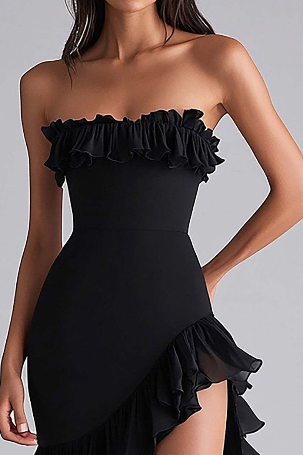 Strapless Black Ruffled Long Chiffon Formal Dress with Slit