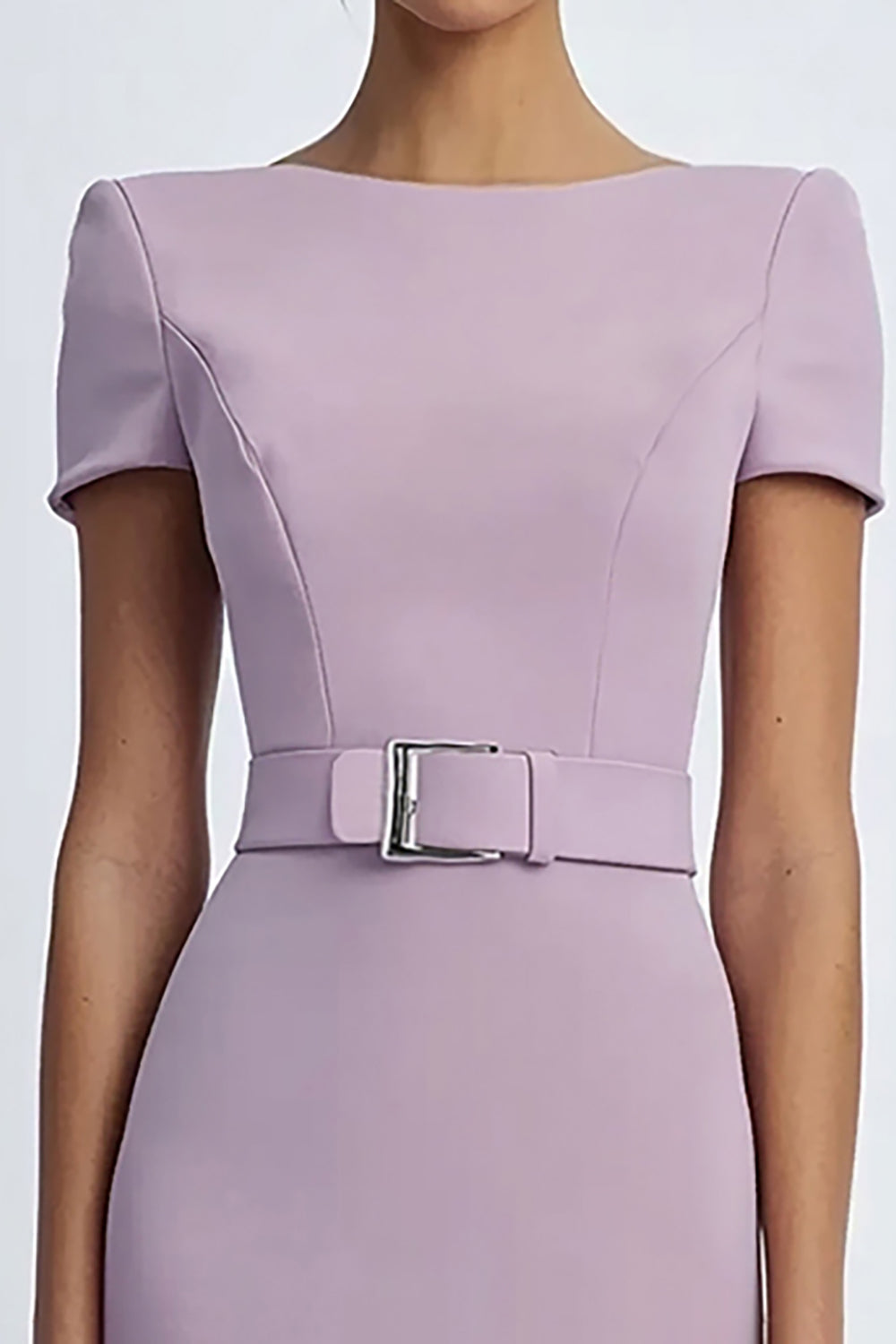 Lilac Simple Sheath Knee Length Crepe Formal Dress with Belt