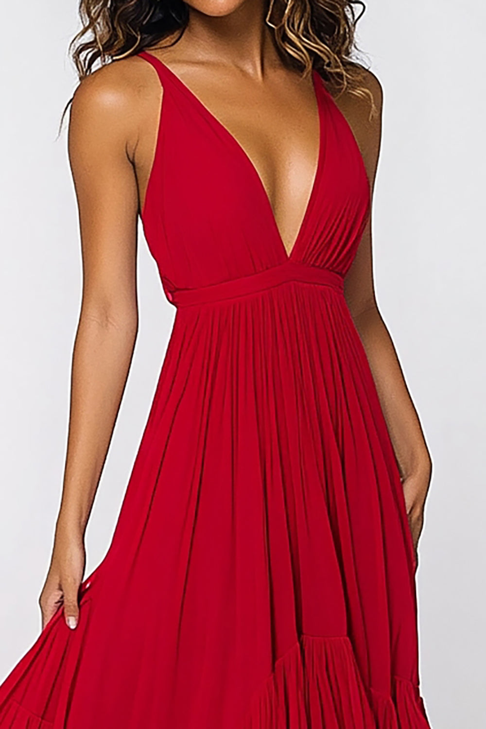 Red Deep V-Neck Pleated A Line Long Chiffon Formal Dress