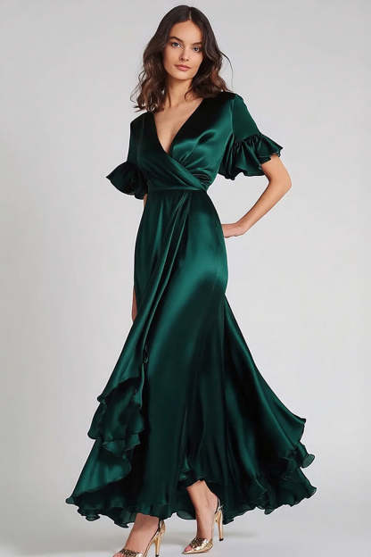 Leely Women Satin Dark Green V-Neck A Line Long Formal Dress with Ruffles Short Sleeves Wedding Guest Dress
