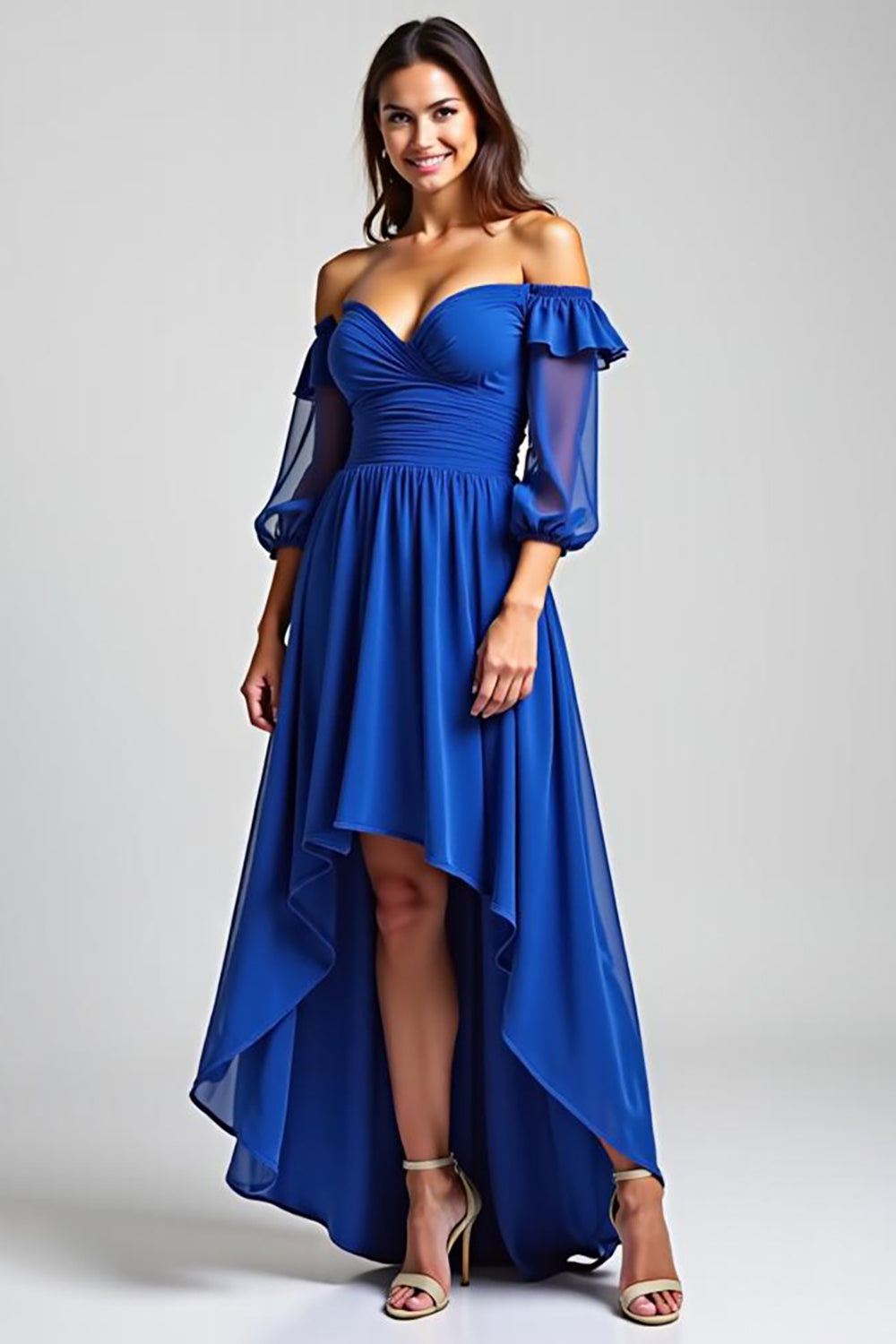 Royal Blue Off the Shoulder Ruched High-Low A Line Formal Dress