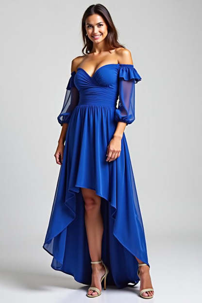 Leely Women Royal Blue A Line High-Low Formal Dress Half Sleeves Off the Shoulder Ruched Chiffon Wedding Guest Dress