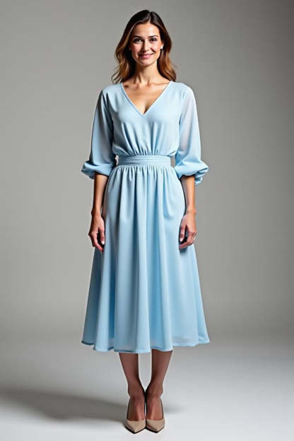 Leely Women Sky Blue V-Neck Chiffon A Line Formal Dress Backless Half Sleeves Tea-Length Wedding Guest Dress