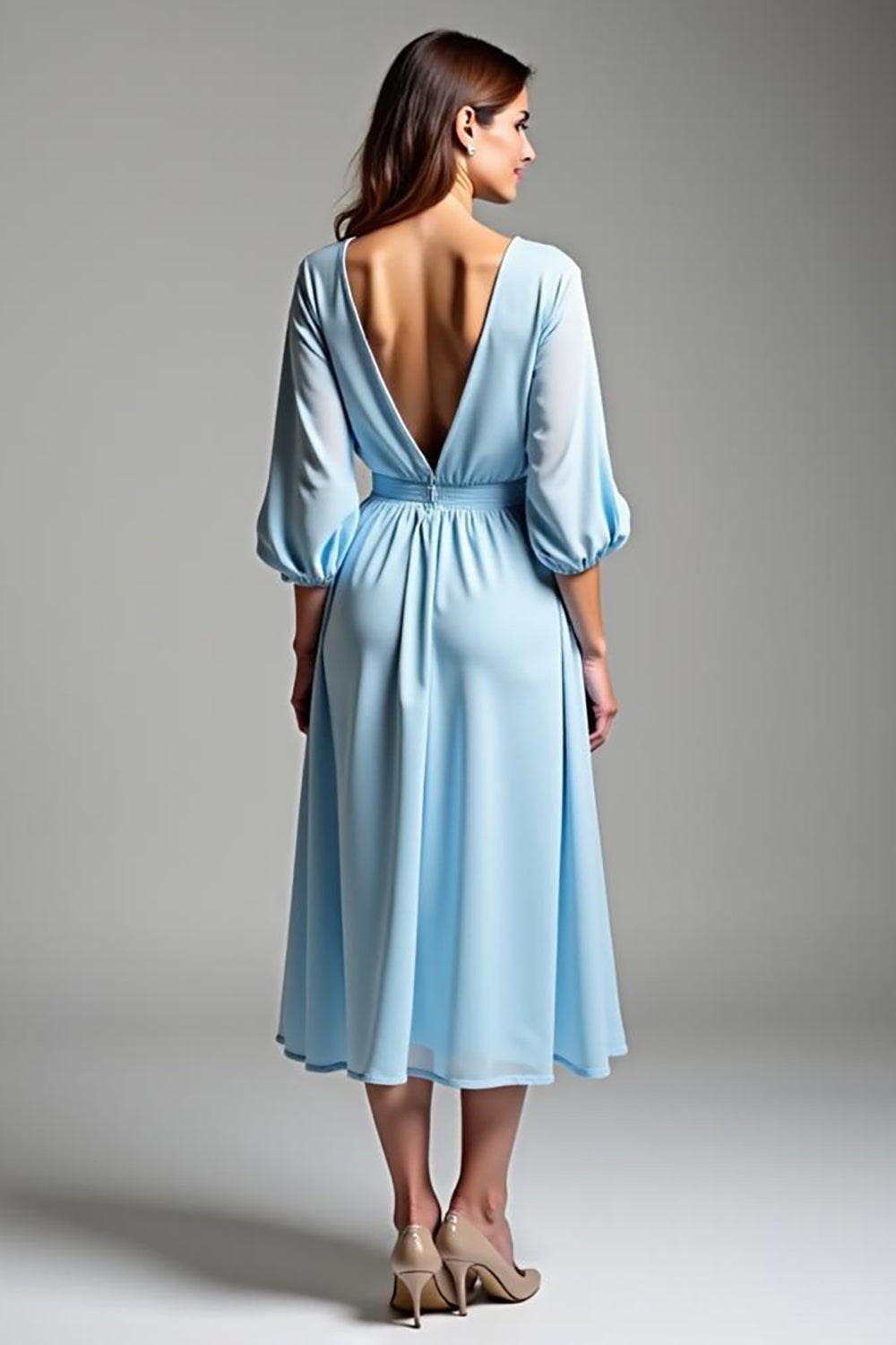 Sky Blue V-Neck Half Sleeves A Line Tea Length Formal Dress