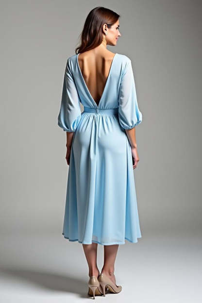 Sky Blue V-Neck Half Sleeves A Line Tea Length Formal Dress