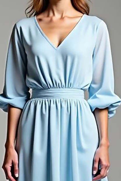 Sky Blue V-Neck Half Sleeves A Line Tea Length Formal Dress