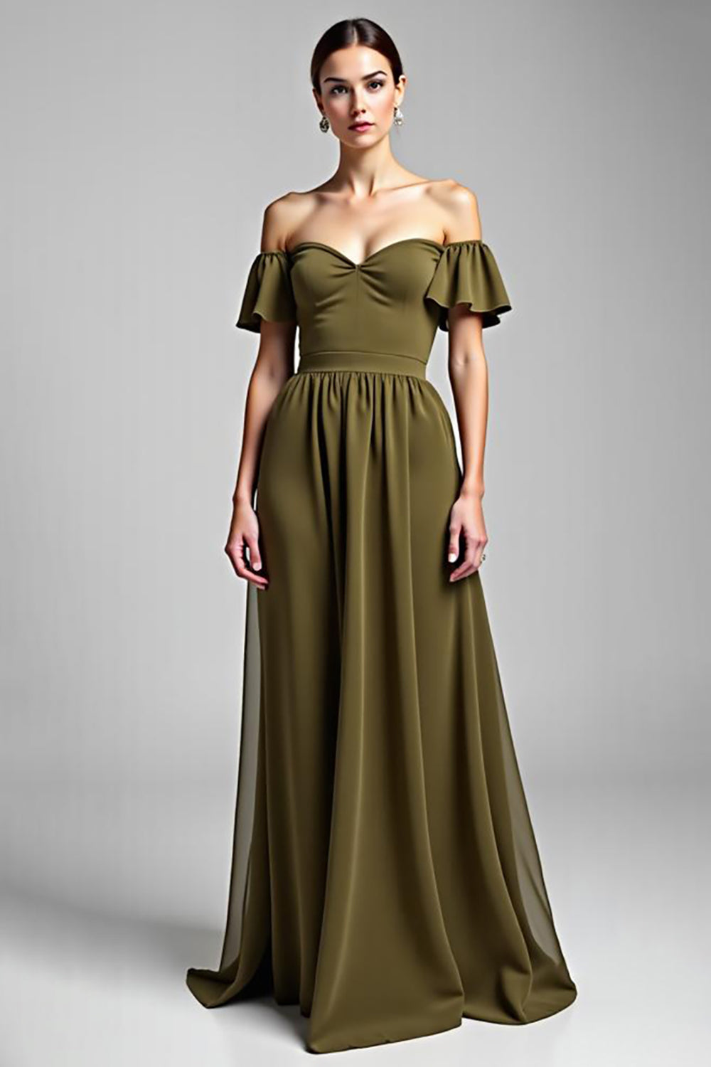 A Line Olive Off the Shoulder Chiffon Long Formal Dress with Ruffles