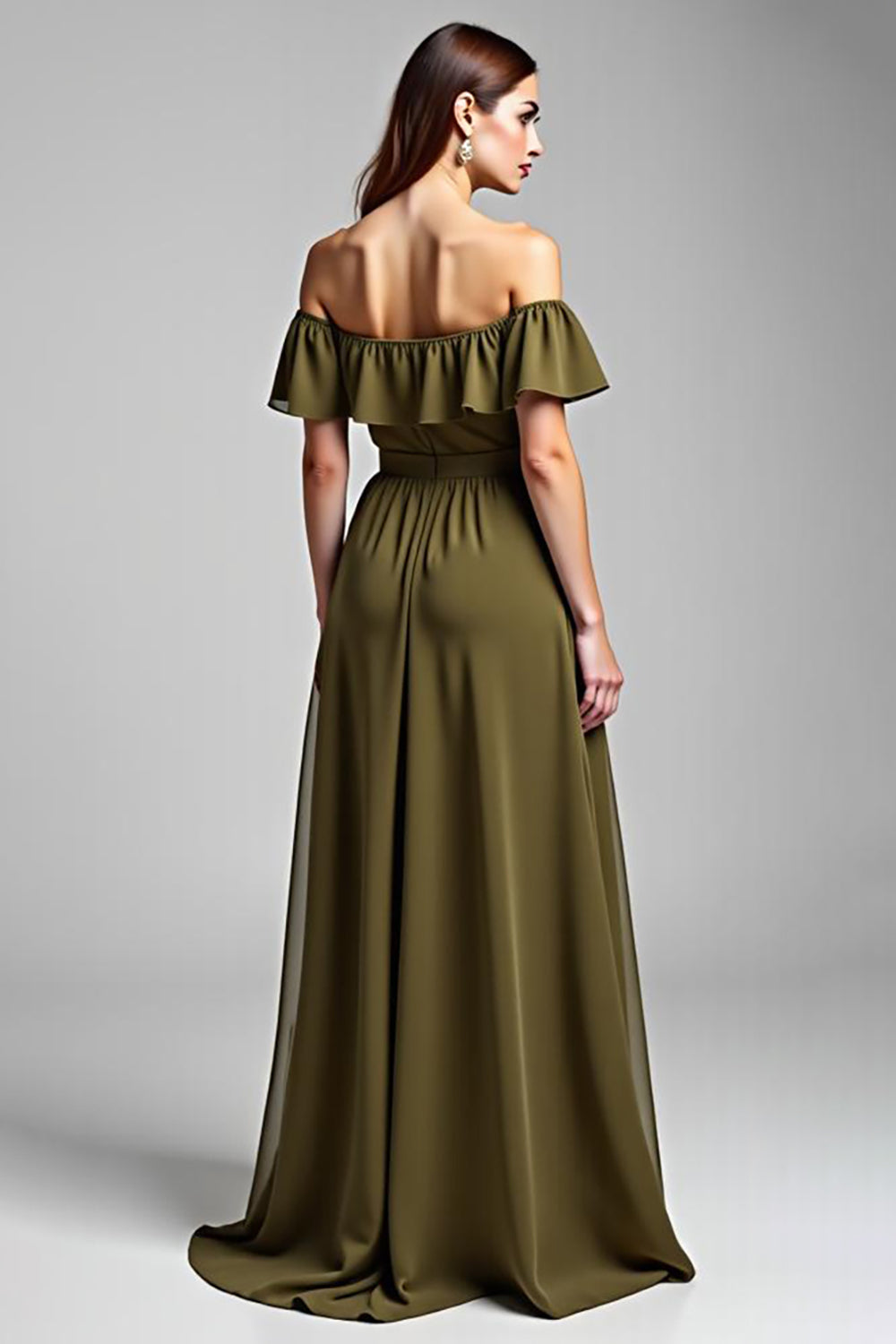 A Line Olive Off the Shoulder Chiffon Long Formal Dress with Ruffles