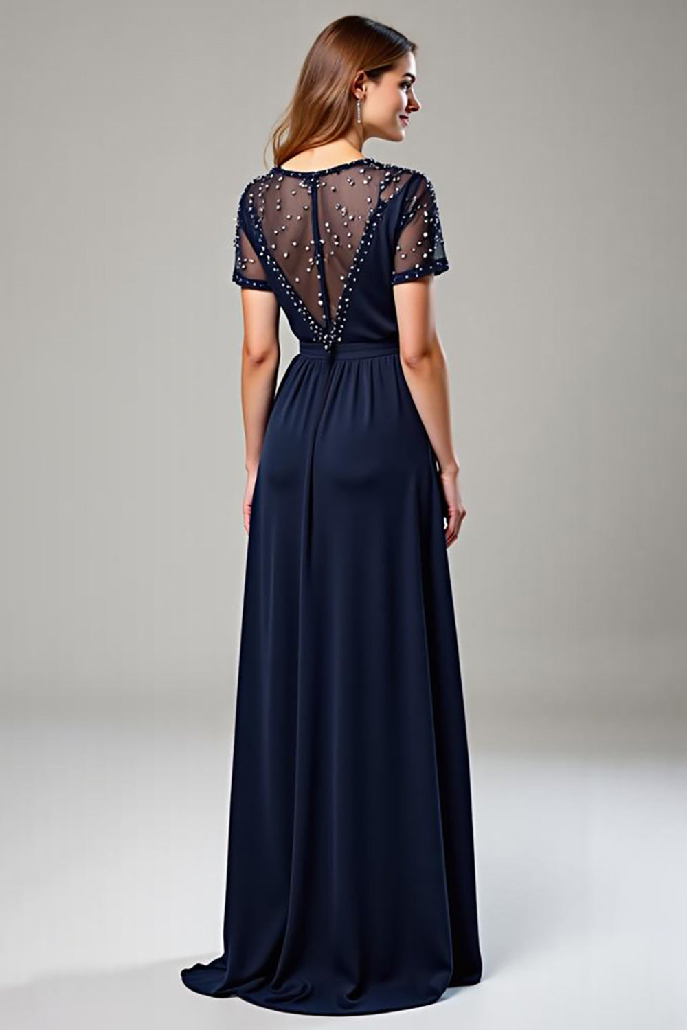 A Line V-Neck Navy Chiffon Long Formal Dress