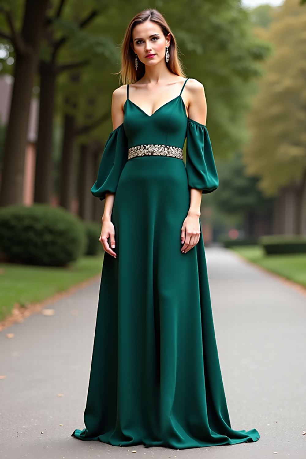 Dark Green Cold Shoulder A Line Long Formal Dress