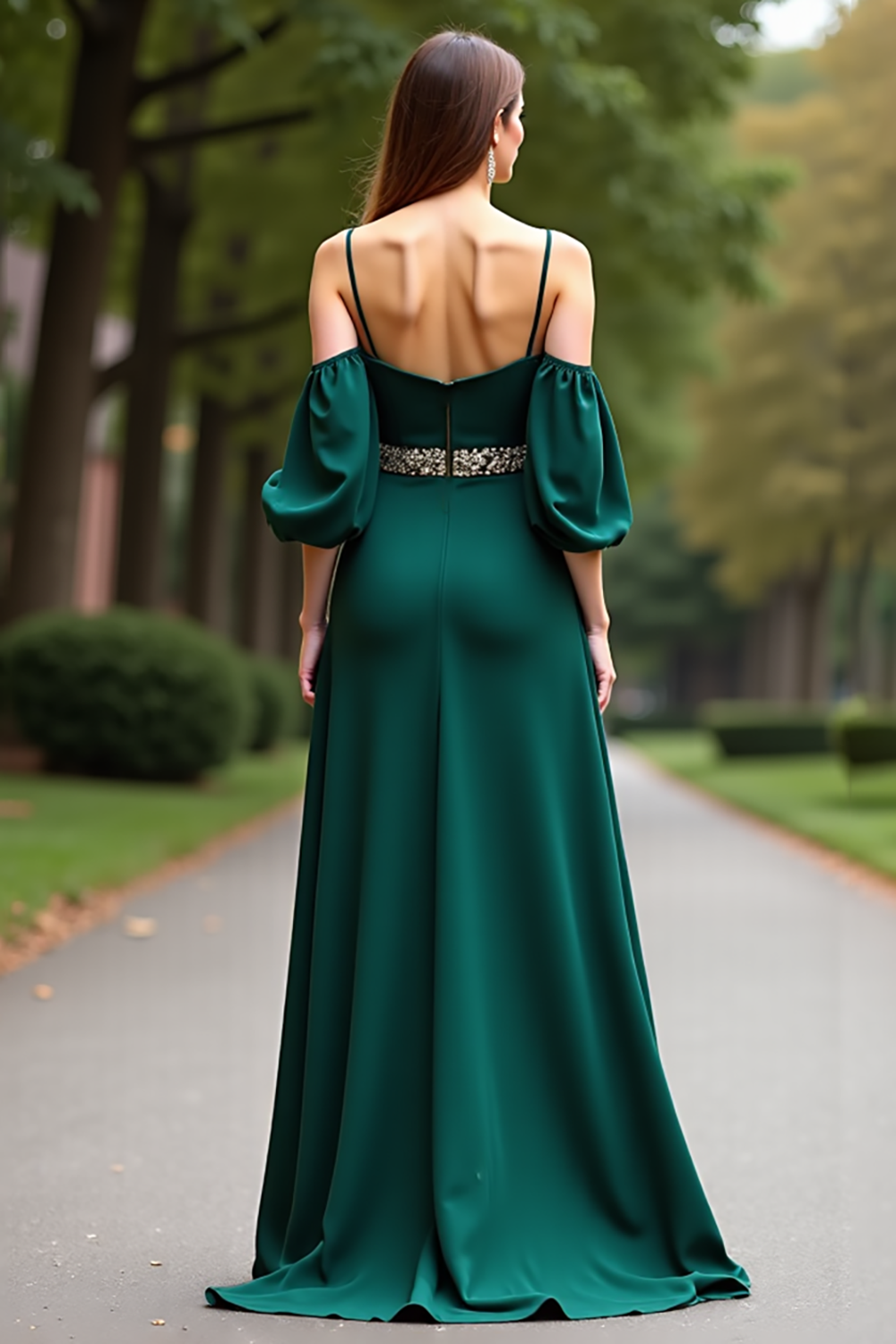 Dark Green Cold Shoulder A Line Long Formal Dress