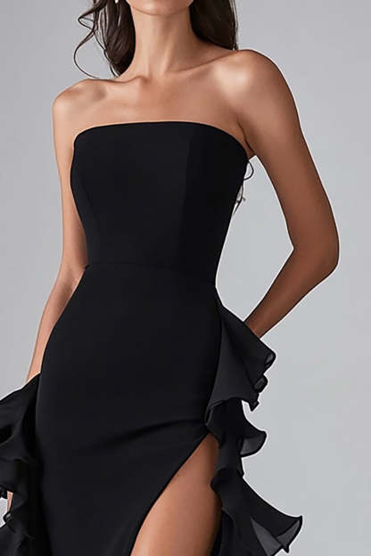 Black Strapless Sheath Ruffled Long Formal Dress with Slit