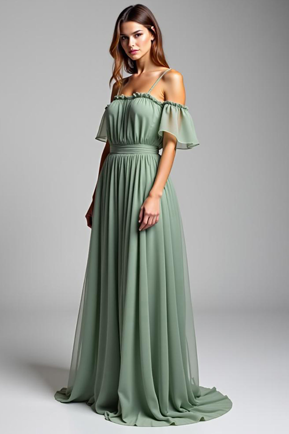 Dusty Sage A Line Cold Shoulder Pleated Long Formal Dress