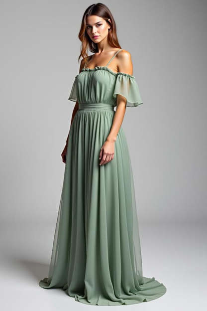 Leely Women A Line Dusty Sage Chiffon Pleated Long Formal Dress Cold Shoulder Ruffled Backless Square Neck Wedding Guest Dress