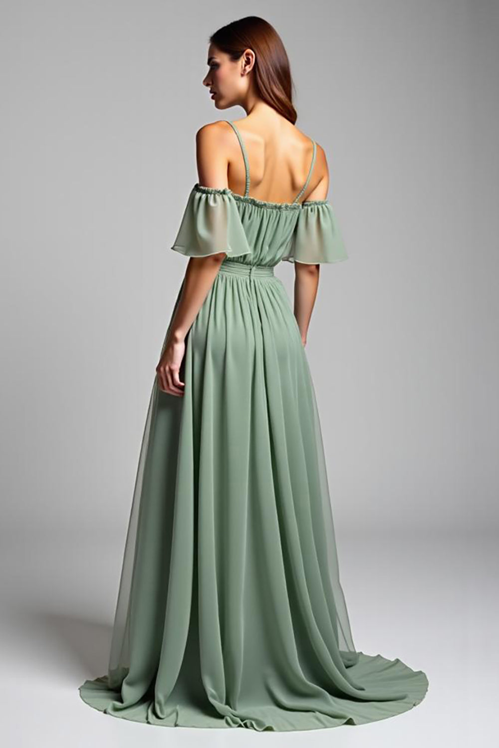Dusty Sage A Line Cold Shoulder Pleated Long Formal Dress