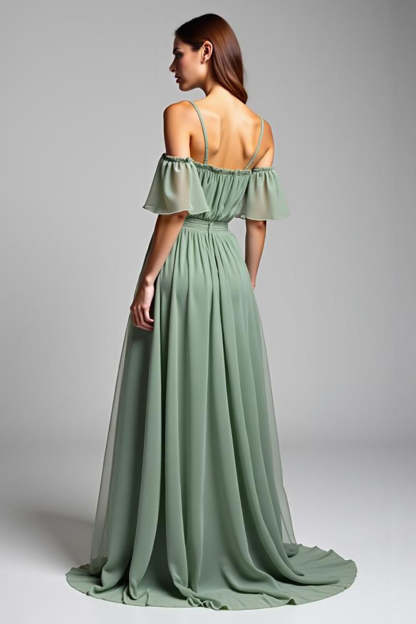 Dusty Sage A Line Cold Shoulder Pleated Long Formal Dress