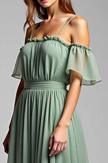 Dusty Sage A Line Cold Shoulder Pleated Long Formal Dress