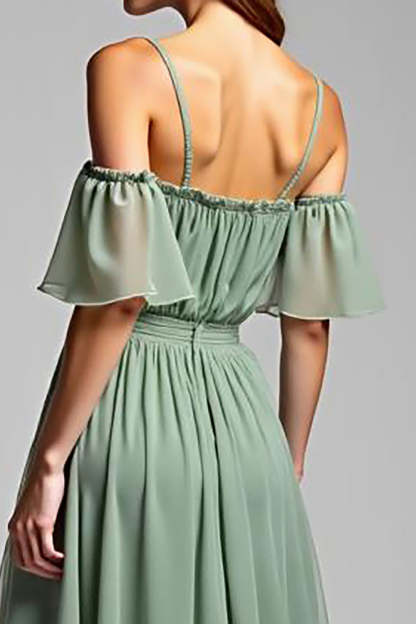 Dusty Sage A Line Cold Shoulder Pleated Long Formal Dress