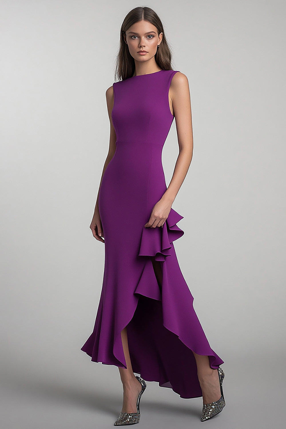 Leely Women Plum Sheath Ruffled Long Formal Dress with Slit Satin Round Neck Wedding Guest Dress