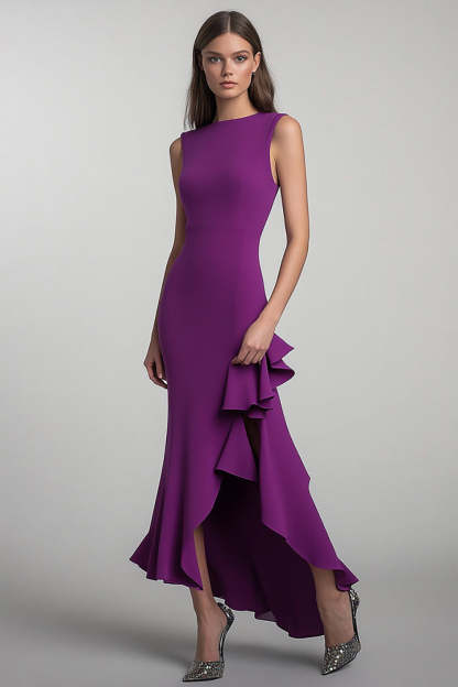 Leely Women Plum Sheath Ruffled Long Formal Dress with Slit Satin Round Neck Wedding Guest Dress