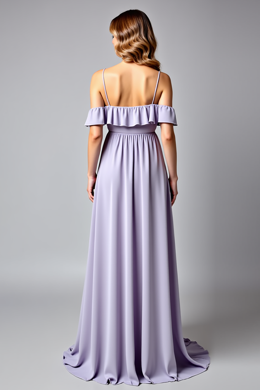 Lilac Cold Shoulder A Line Ruffled Long Formal Dress
