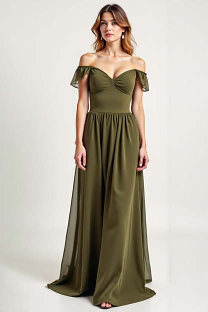 Leely Women Olive Chiffon A Line Long Formal Dress with Ruffles V-Neck Off the Shoulder Backless Wedding Guest Dress