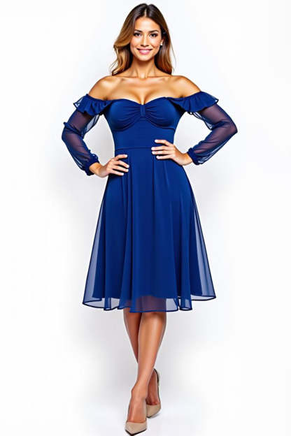 Leely Women Royal Blue Chiffon Knee-Length Formal Dress with ruffles Backless Off the Shoulder A Line Wedding Guest Dress