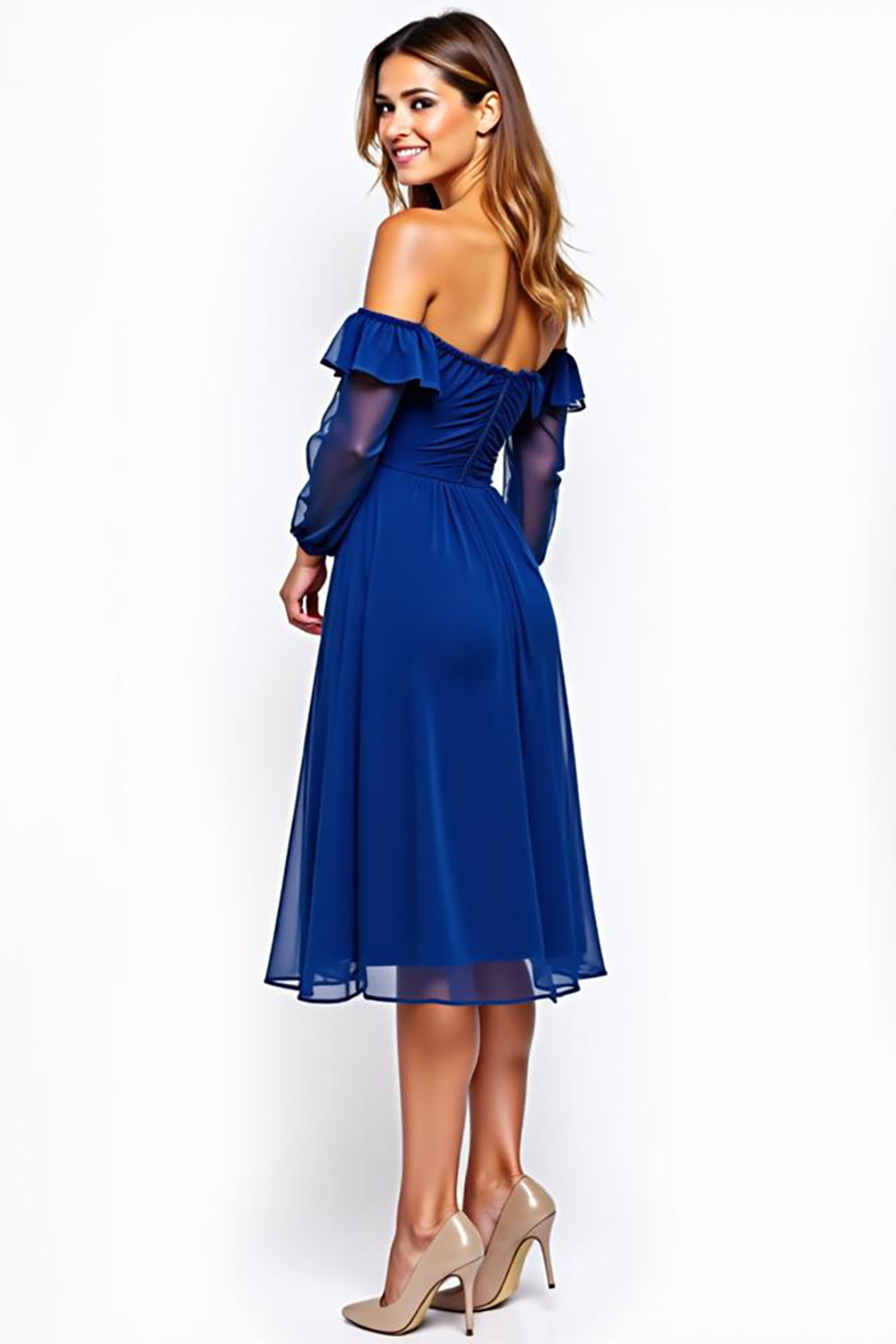 Royal Blue Off the Shoulder Chiffon Knee-Length Formal Dress with Ruffles
