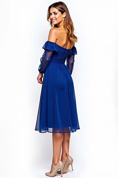 Royal Blue Off the Shoulder Chiffon Knee-Length Formal Dress with Ruffles