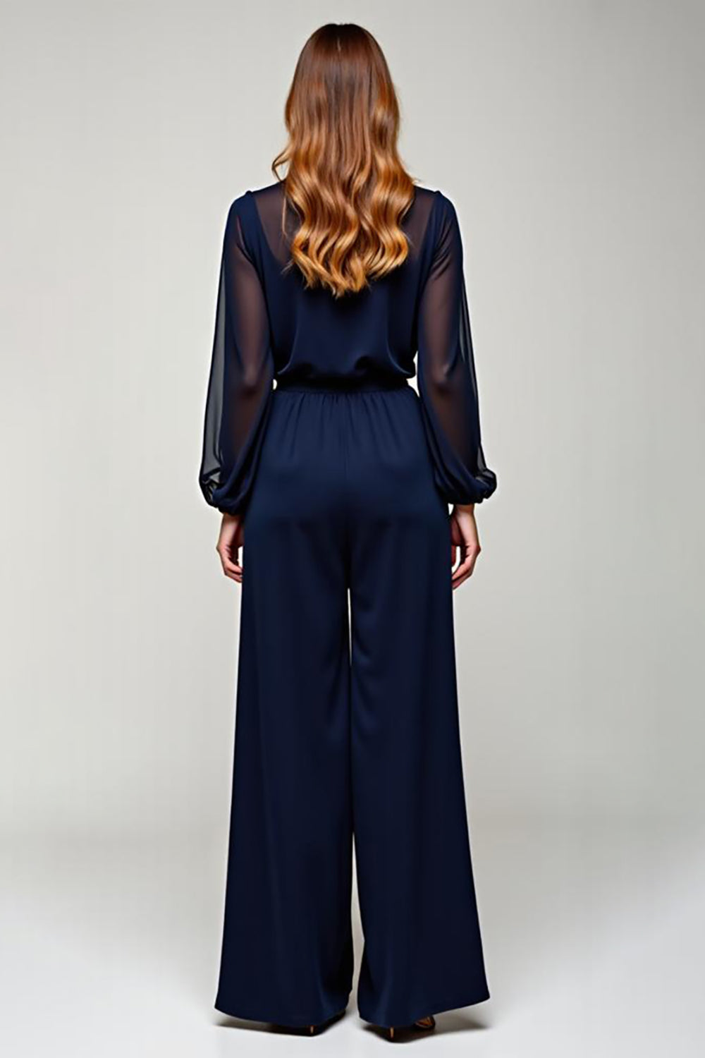 Navy Chiffon V-Neck Long Formal Jumpsuit with Long Sheer Sleeves