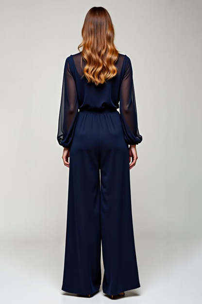 Navy Chiffon V-Neck Long Formal Jumpsuit with Long Sheer Sleeves