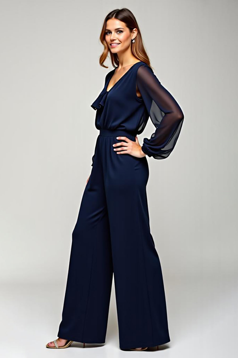 Navy Chiffon V-Neck Long Formal Jumpsuit with Long Sheer Sleeves