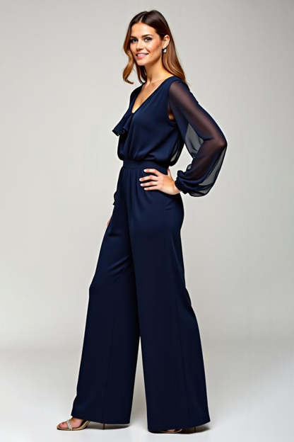 Navy Chiffon V-Neck Long Formal Jumpsuit with Long Sheer Sleeves