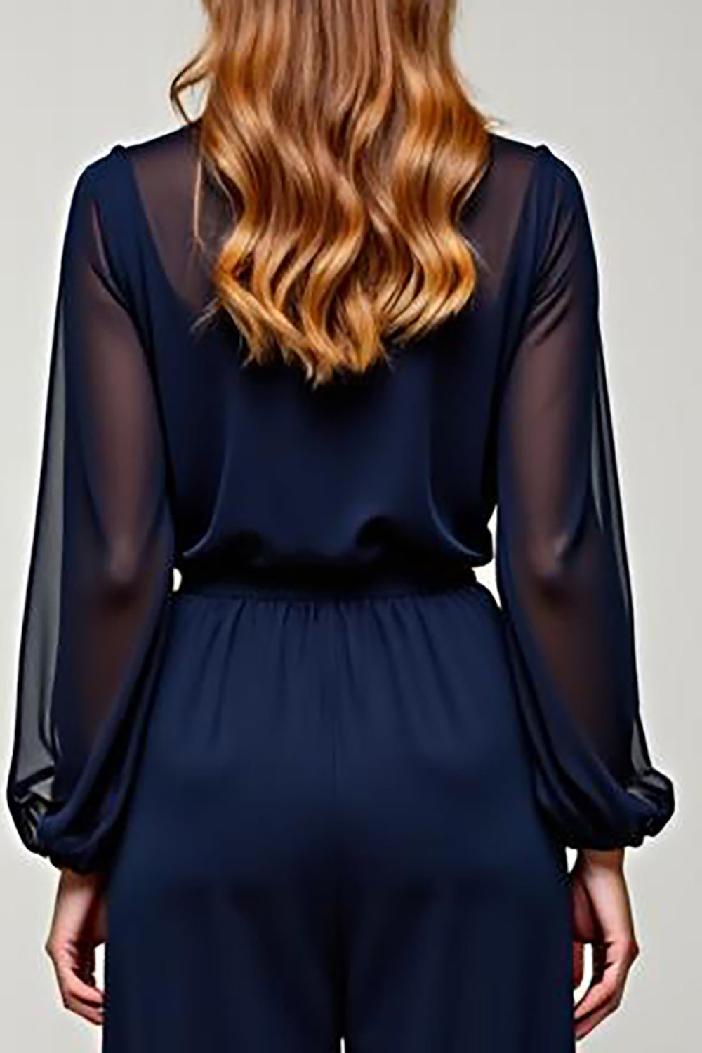 Navy Chiffon V-Neck Long Formal Jumpsuit with Long Sheer Sleeves