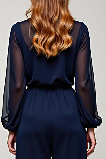 Navy Chiffon V-Neck Long Formal Jumpsuit with Long Sheer Sleeves