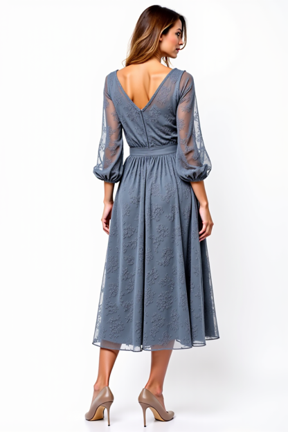 A Line Grey V-Neck Embroidered Tea-Length Formal Dress