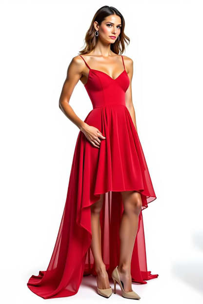 Leely Women Red Chiffon High-Low A Line Formal Dress V-Neck Spaghetti Straps Backless Asymmetrical Wedding Guest Dress