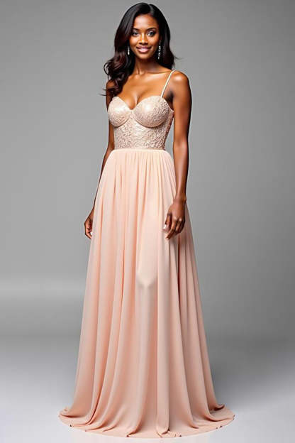 Leely Women Champagne A Line Long Formal Dress Spaghetti Straps Sweetheart Wedding Guest Dress