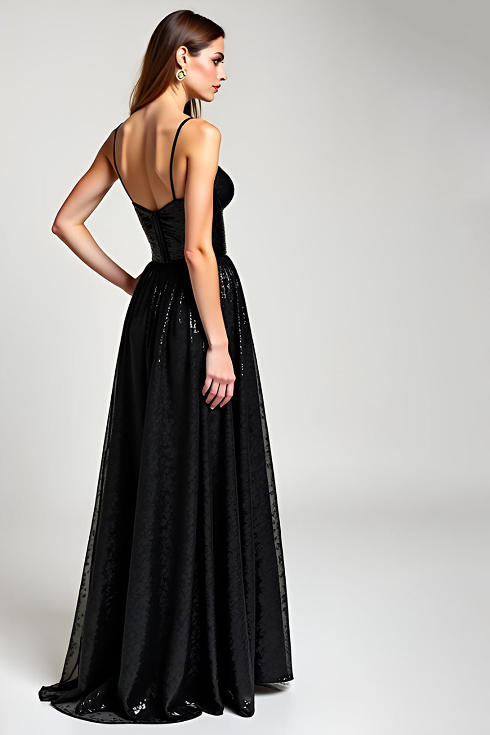 Sparkly Black Spaghetti Straps A Line Long Formal Dress with Slit