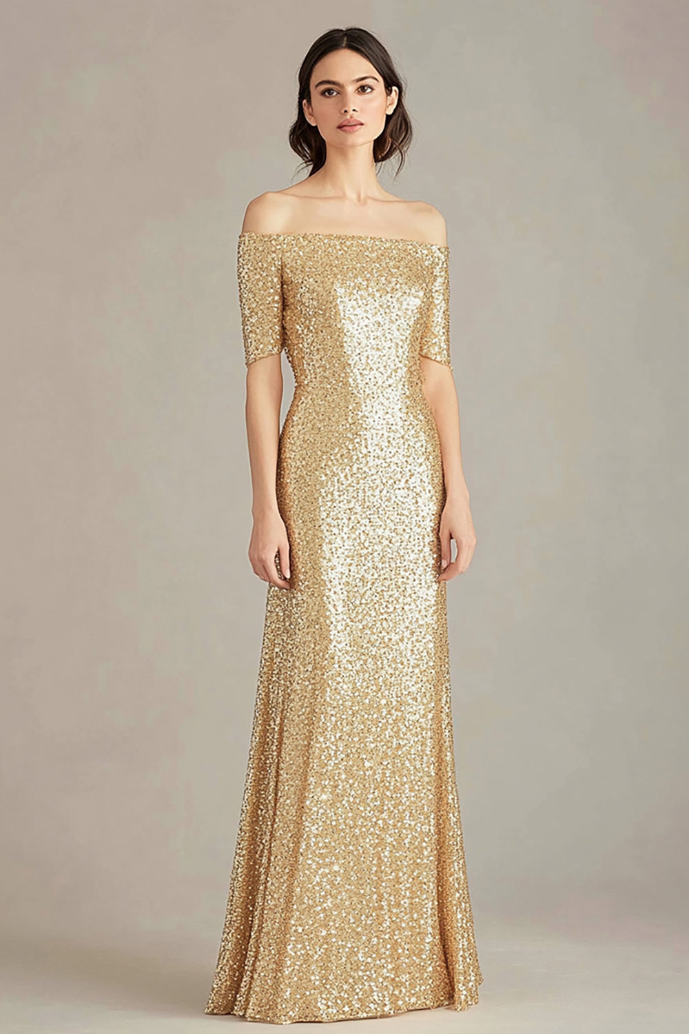 Leely Women Sparkly Gold Sheath Long Formal Dress Off the Shoulder Sequined Half Sleeves Evening Party Dress